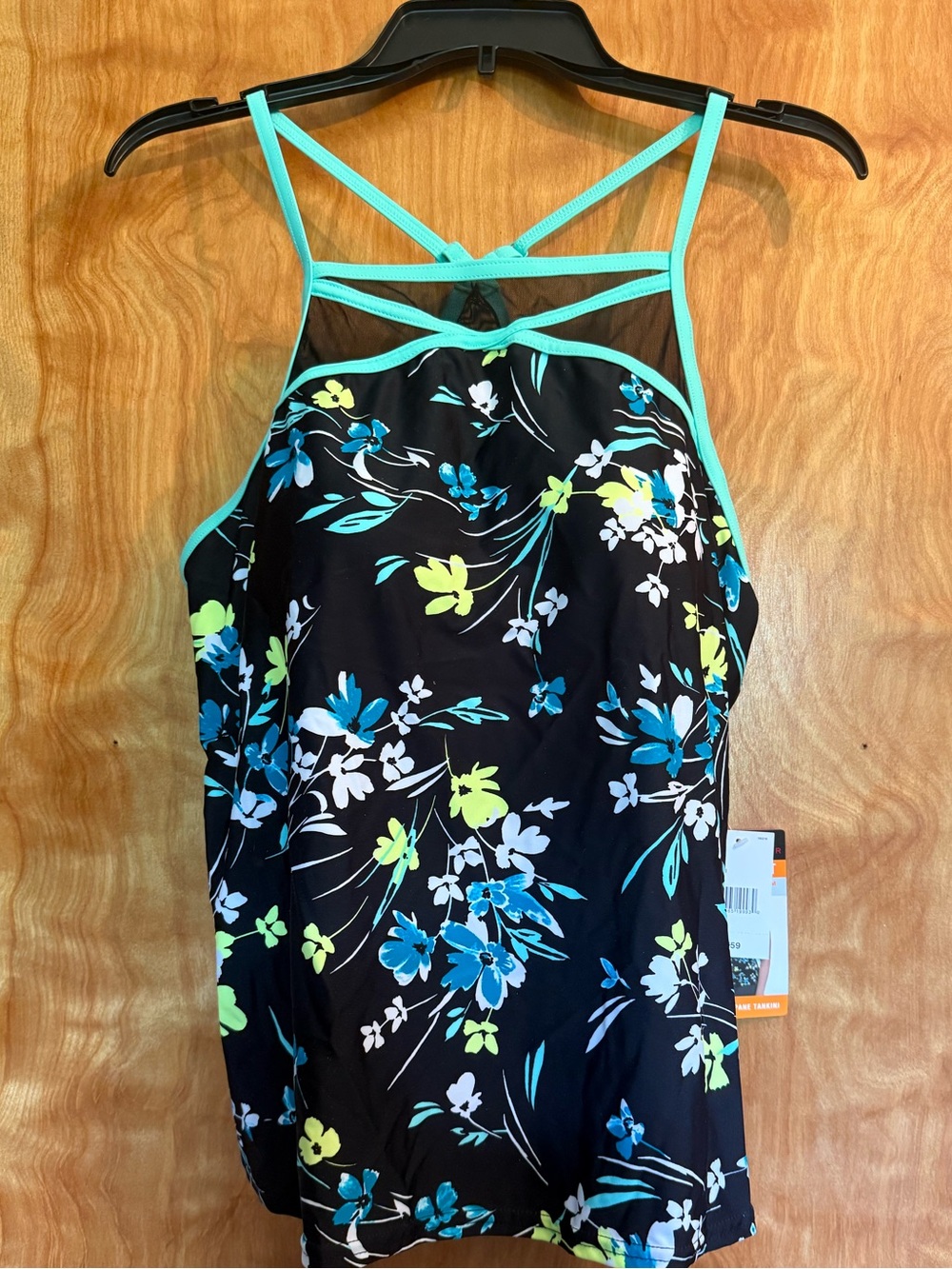 Zero exposure Black Floral windowpane Tankini Top Aqua Trim Size 0X TOP ONLY!